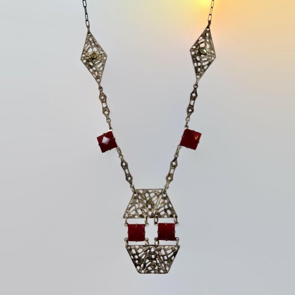 Art Deco Necklace, Silver, Red, Ornate, Faceted, 20s, 30s, Vintage - Picture 2 of 7